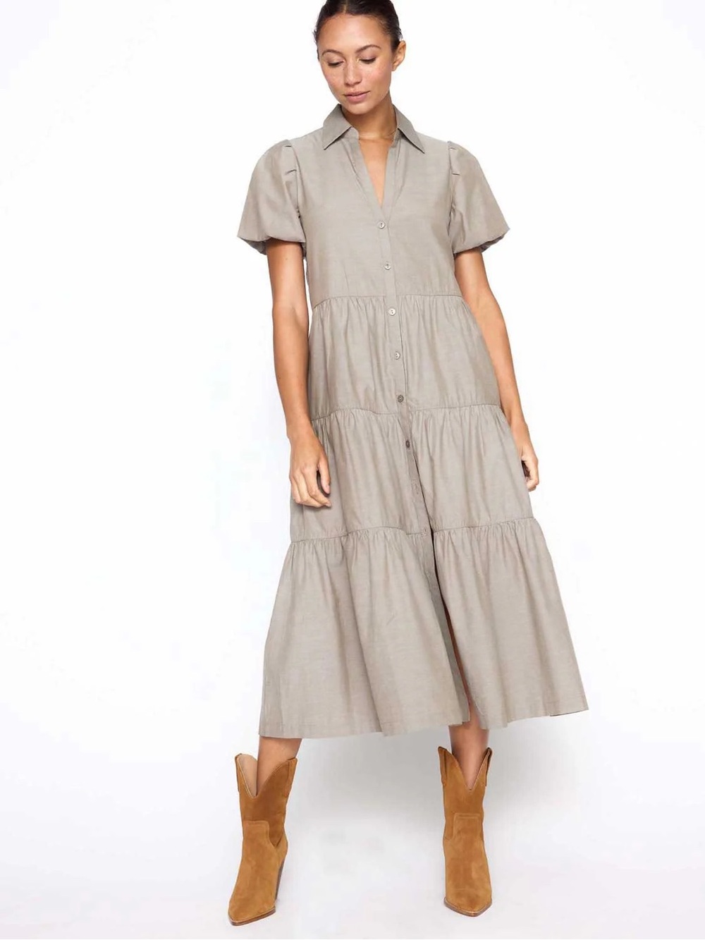 Brochu Walker Havana Midi Dress Tiered Size M Taupe Boho Quiet Luxury Puff